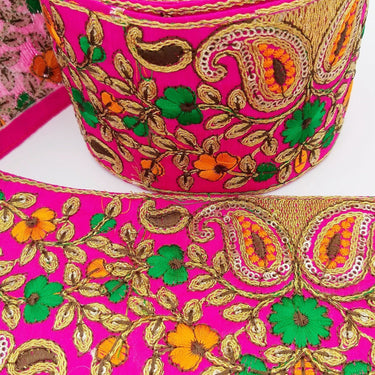 Fuchsia Pink Art Silk Fabric Trim With Intricate Floral Embroidery, Approx. 90mm wide, Trim By Yard Decorative Sari Border